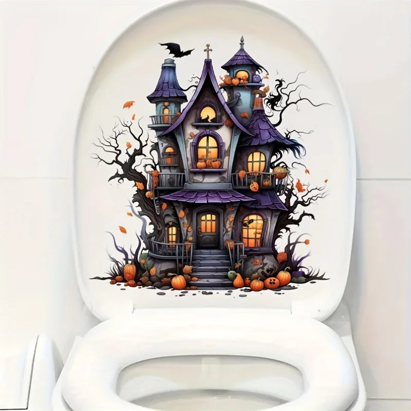 1pc Schloss Kürbis Toiletten aufkleber für Toiletten abdeckung wasserdichtes Vinyl Badezimmer Vinyl Aufkleber Halloween Dekoration Wohnkultur Image