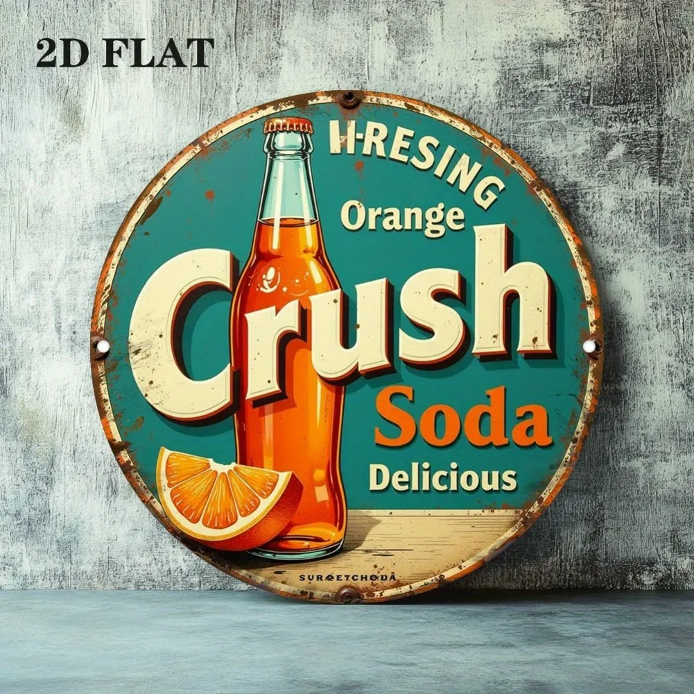 2D flach, 1 Stück Vintage „Hesing Orange Crush Soda“ Metallschild – Retro 1950er Jahre Diner Dekor, Blaugrün – leichte Aluminium-Wandkunst Image