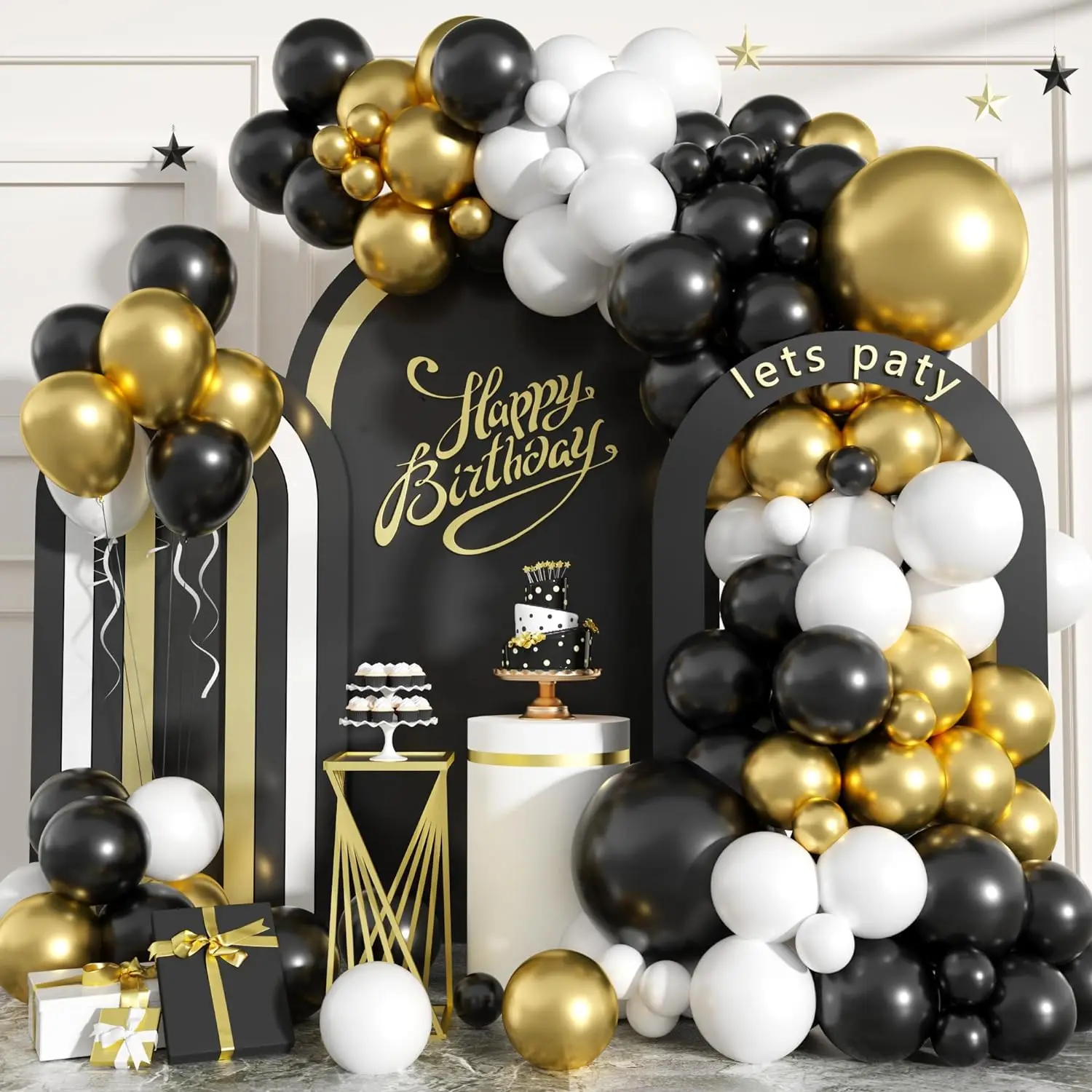 99-teiliges schwarzes und goldenes Latex-Ballon-Set, geeignet für Geburtstagsfeiern, Hochzeiten, Partydekorationen zum Valentinstag Image