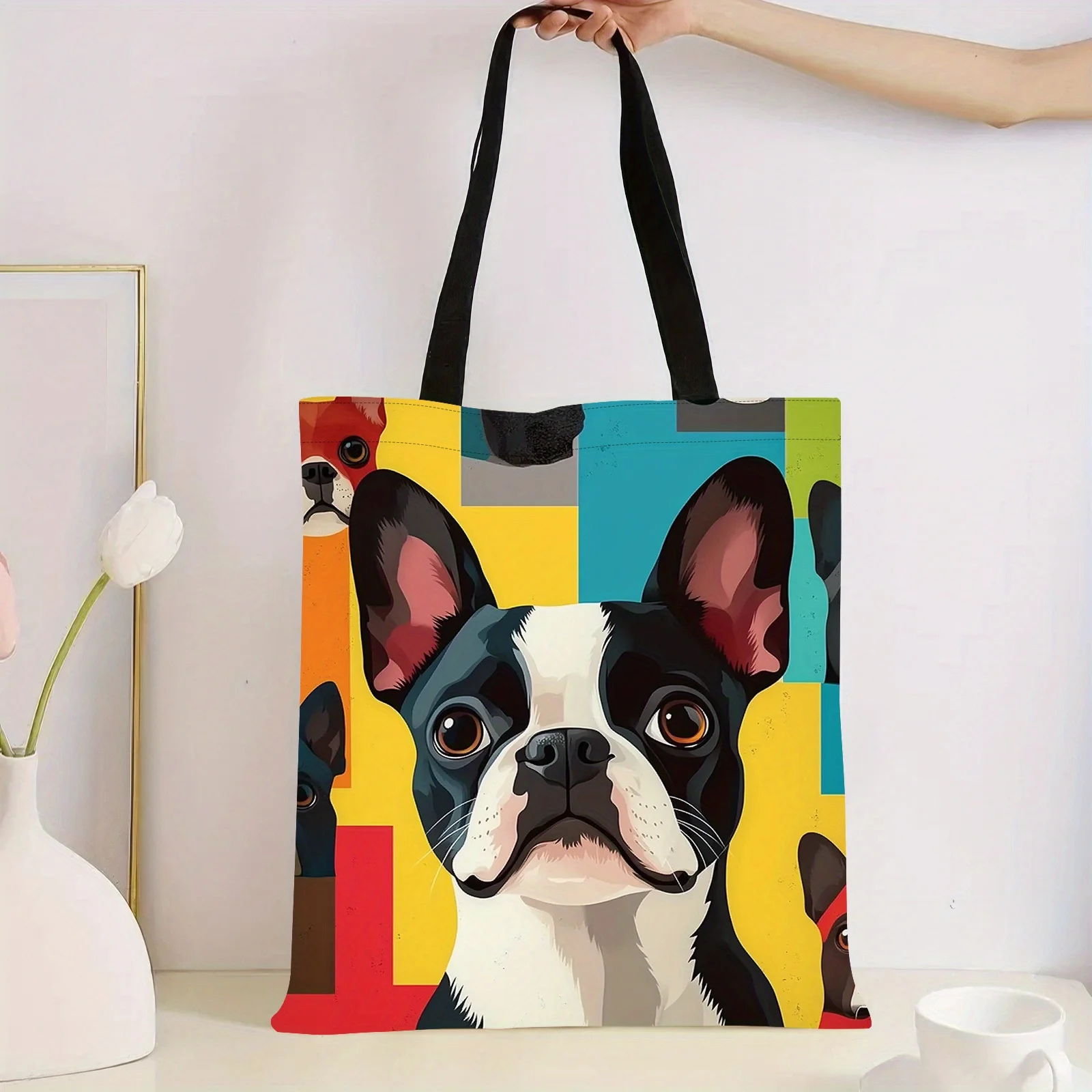 Wiederverwendbare Polyester-Einkaufstasche mit Boston Terrier-Aufdruck, großer Einkaufstasche mit festen Schultergurten für Weihnachten, Halloween Image