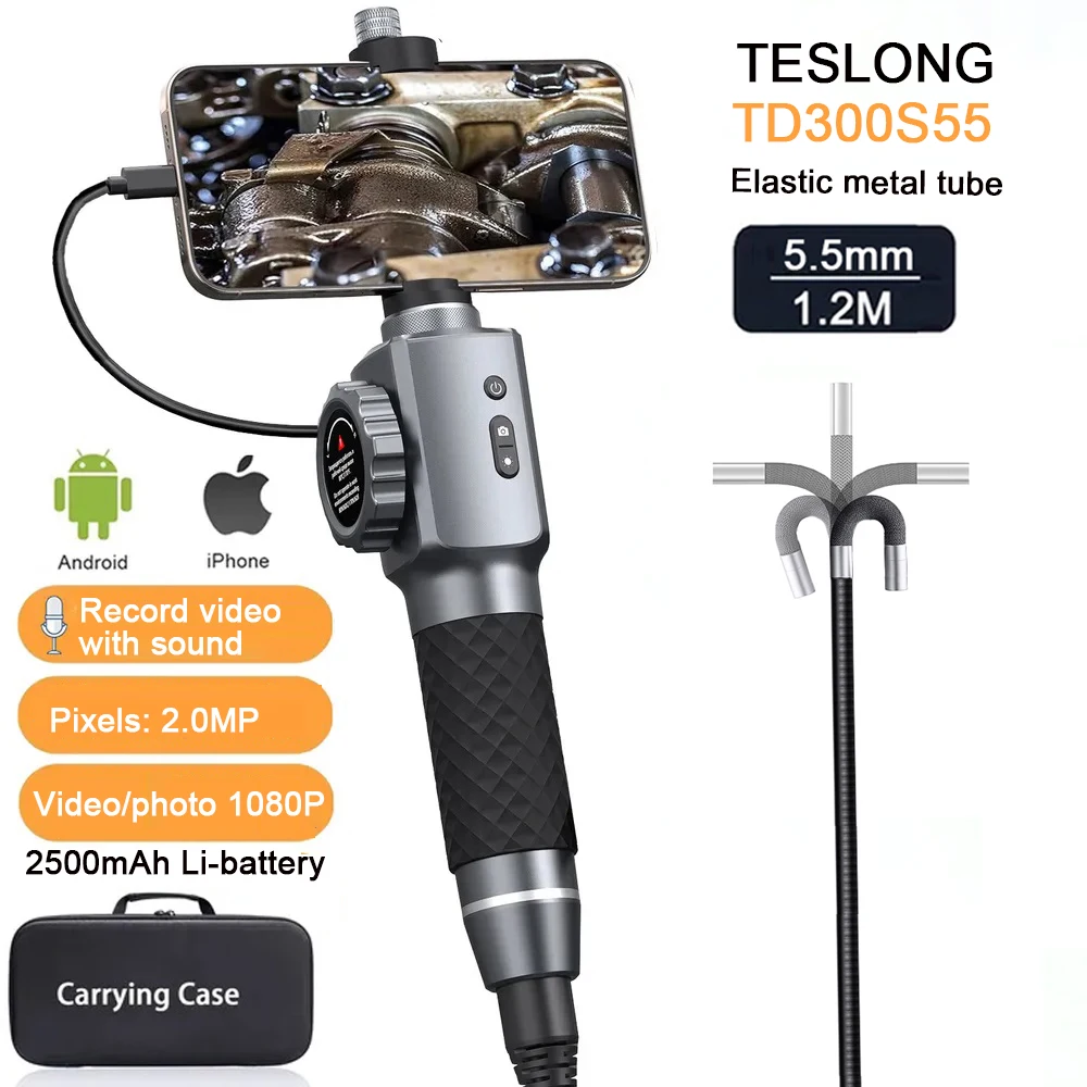 TESLONG TD300S 5,5 mm Zweiwege 210 ° Gelenk-Endoskopkamera für Android Ios Tablet Endoskop Videoaufzeichnung mit Ton 2,0 MP Image