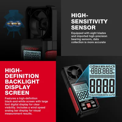 HABOTEST HT605 Digital Anemometer Portable Wind Speed Meter Air Velocity Gauge with Temperature & Humidity Display