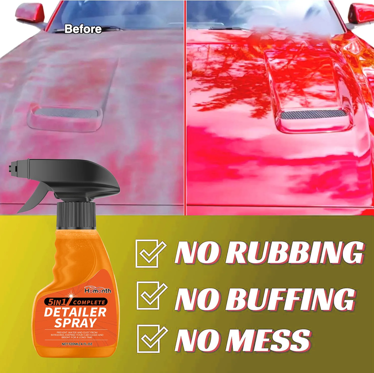 5-in-1-Auto-Detailer-Sprühreiniger, polnische hydrophobe Beschichtung, Waschen, streifenfrei, Glanz für Farbe, Glasräder, schnelle Detaillierung, 120 ml Image