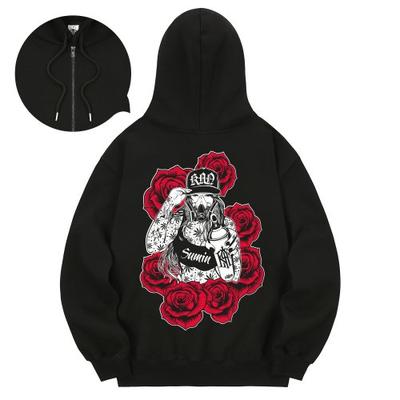 kan6312 KHZB0153 Chicano Girls Graffiti Fleece Hooded Zip-Up Black
