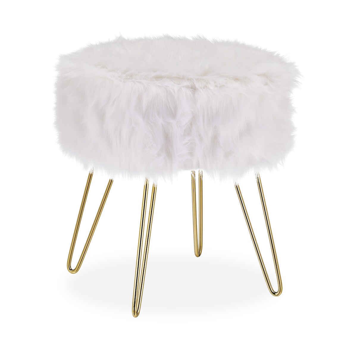 Relaxdays Fellhocker, Kunstfell, Metallgestell, rund, flauschig, eleganter Schminktischhocker, HxD 40 x 38 cm, weiß/gold Image