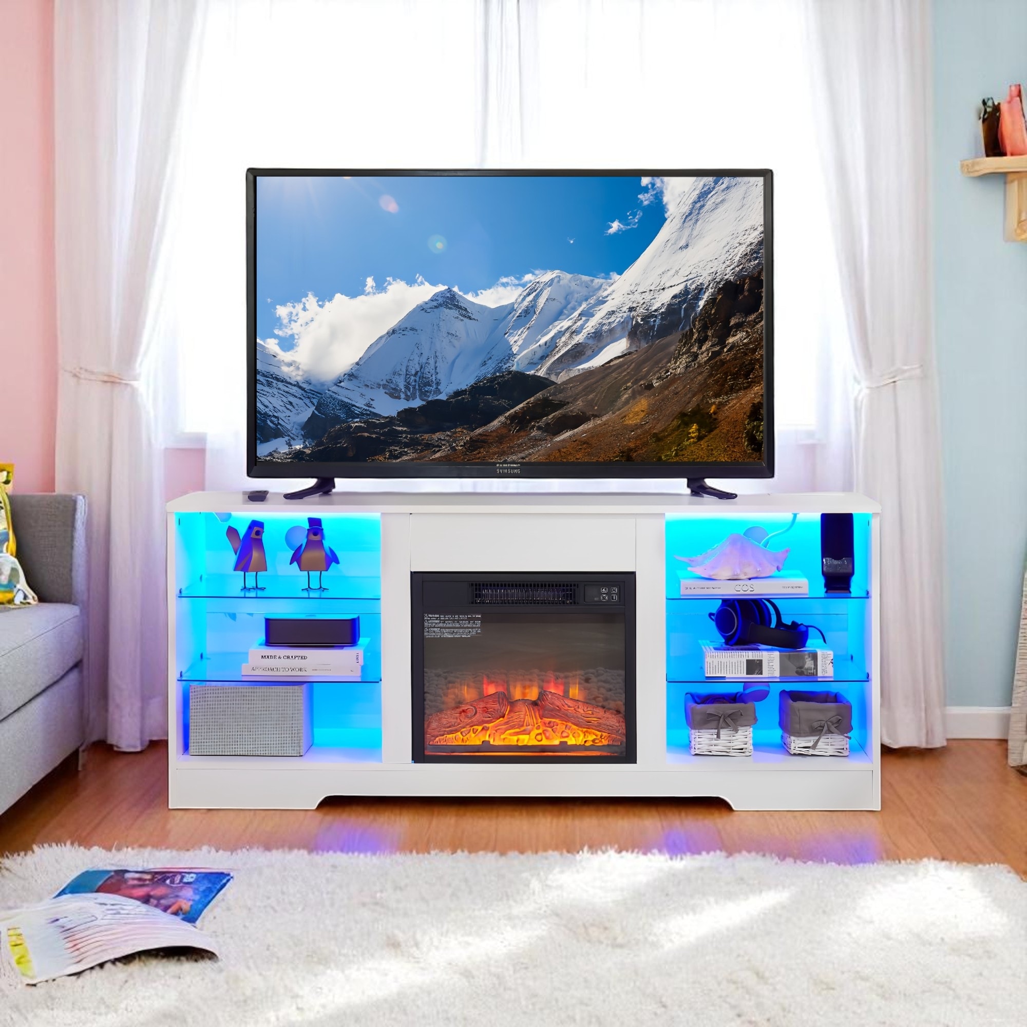 Electric Fireplace TV Stand with Glass Shelves, LED Flame & USB Outlets, Media Console for TVs up to 62",Entertainment Center