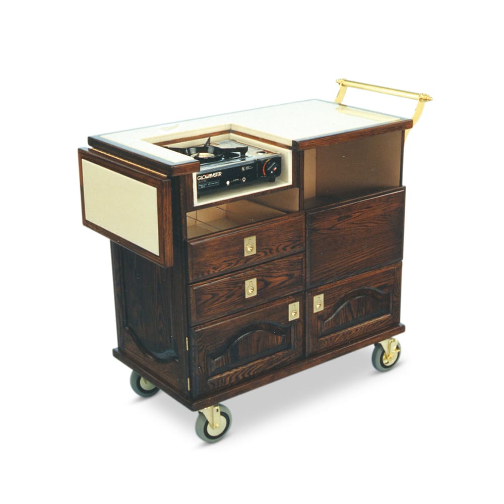 Forbes Industries 5658 Mobile Flambe Cart w/ Butane Burner - Avonite Top, Hardwood Cabinet, Brown