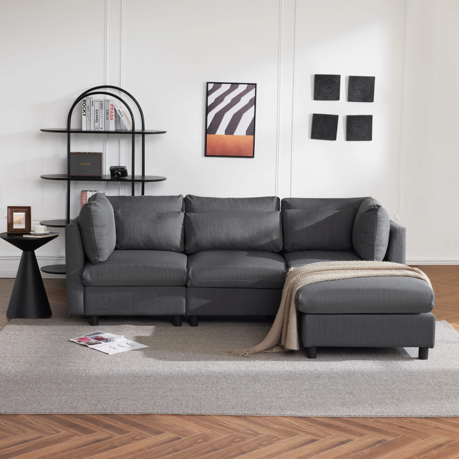 Design moderne, meubles rembourrés, canapé, canapé trois places, canapé de salon, canapé d'angle avec tabouret, canapé d'angle en forme de L, meubles de salon