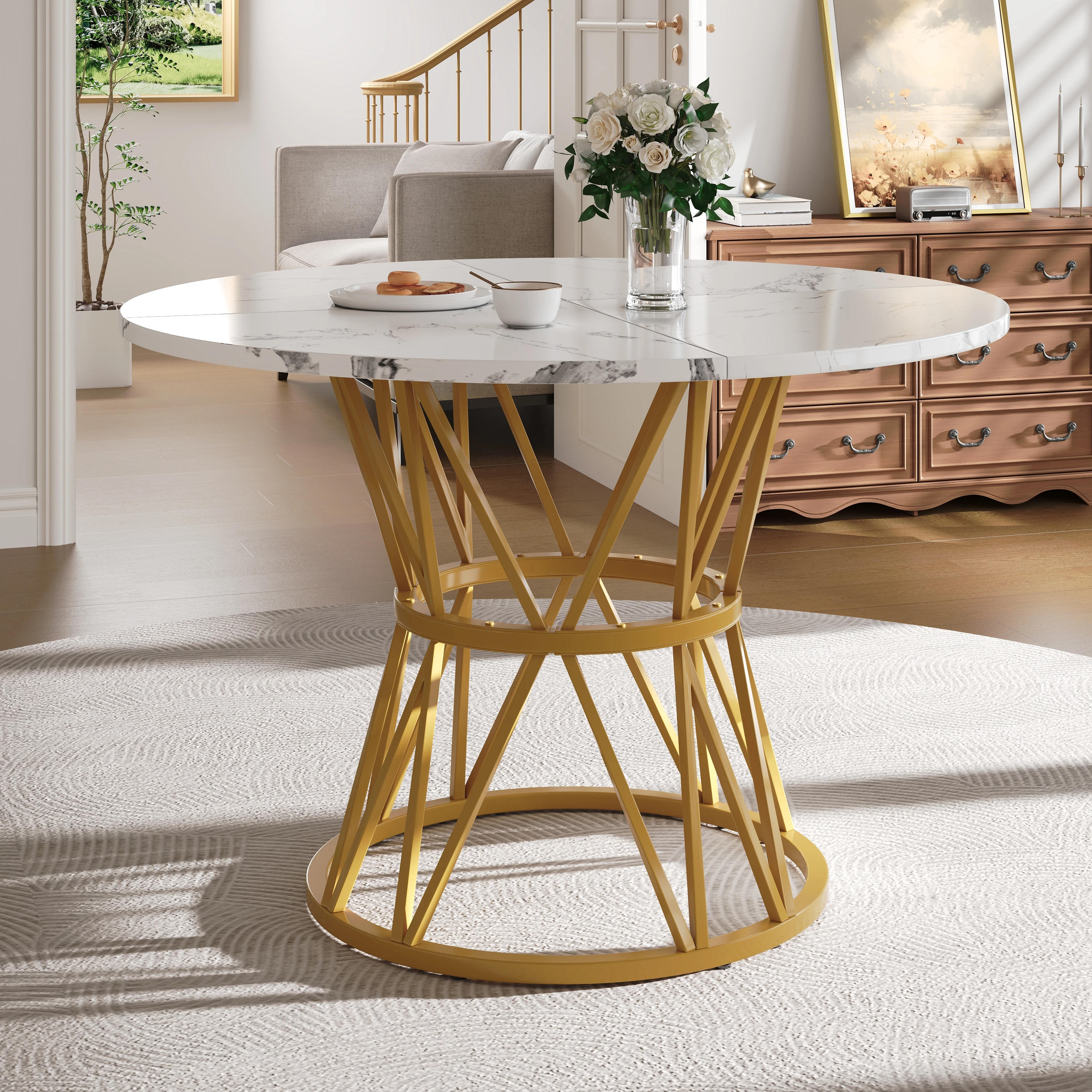Table à manger ronde (100 × 100 × 76 cm), table à manger de cuisine, table basse ronde pour 4 personnes, pieds de table en métal élégants, table en marbre MDF