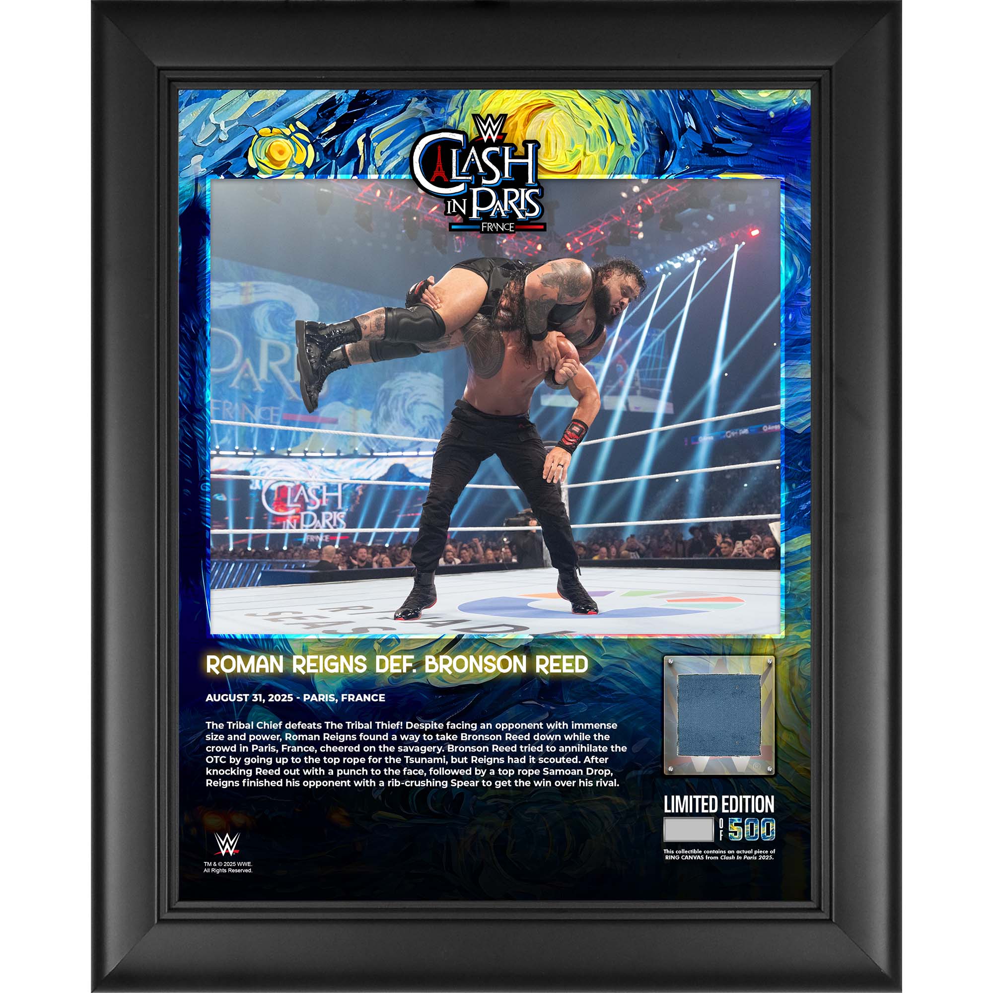 Roman Reigns WWE gerahmte 13" x 16" 2025 Clash In Paris Collage mit einem Stück gebrauchter Leinwand aus dem Spiel - Limitierte Auflage von 500 Image
