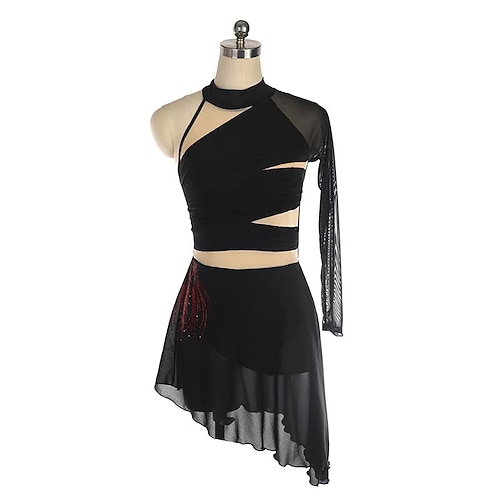 Eiskunstlaufkleid Damen Mädchen Eislaufen Kleid Schwarz Patchwork Daumenloch Netzstoff Spandex Dehnbar Training Übung Professionell Eiskunstlaufkleidung Thermowarm Kristall / Strass Langarm Eislaufen Image