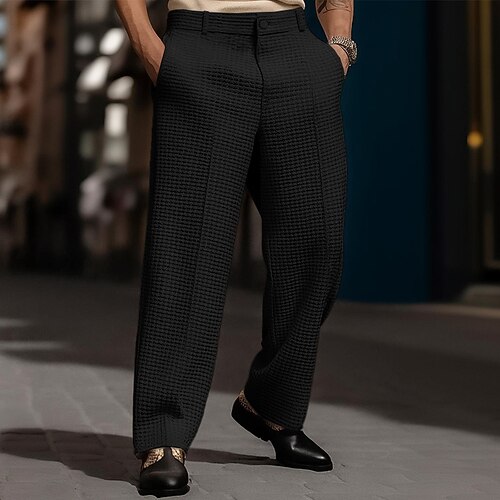 Herren Hose Anzughose Baggy-Hosen Waffelhose Tasche Weites Bein Einfach Atmungsaktiv Volle Länge Outdoor Party Geschäft Urlaub Mode Schwarz Weiß Unelastisch Image