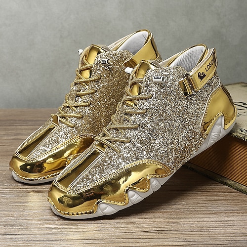 Herren-High-Top-Sneaker in Gold und Weiß mit glänzenden Details – stylisch und auffällig, perfekt für Partys, modische Abende und trendige Outfits Image