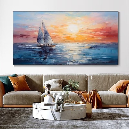 handgemaltes Kunstwerk, ruhiger Sonnenuntergang, Meereslandschaft, Ölgemälde auf Leinwand, ruhiger See mit Boot, abstraktes Himmelswandbild, Wohnzimmer, Heimdekoration, Einweihungsgeschenk, gerolltes, Image