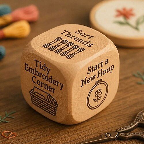 Quilter-Würfel, handgefertigter Quilt-Entscheidungswürfel aus Holz mit 6 eingravierten Nähaufgaben, lustiges Geschenk für Quilt-, Strick-, Back-, Trink-, Stickaufgaben, kreatives Geschenk für Quilter Image