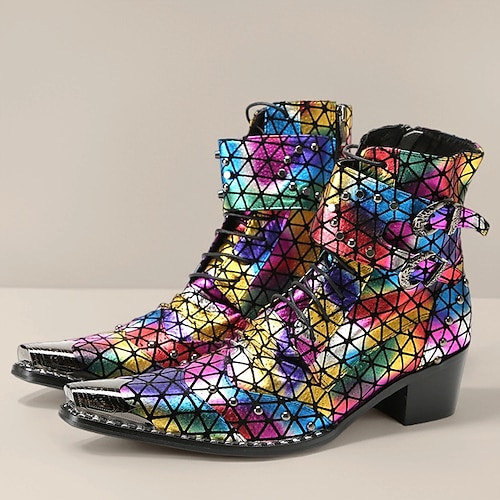 Herrenstiefel mit Regenbogenmuster und reflektierender Textur – stylische und farbenfrohe Schuhe für Festivals, Partys und Modebegeisterte Image