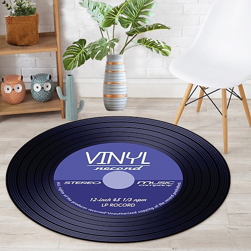 Schallplattenrunde Teppich für Wohnzimmer und Schlafzimmer retro stilvoller Musik Teppich Fußmatte weicher rutschfester maschinenwaschbarer Teppich Eingangsbereich Sofa Hocker Heimdekoration Image