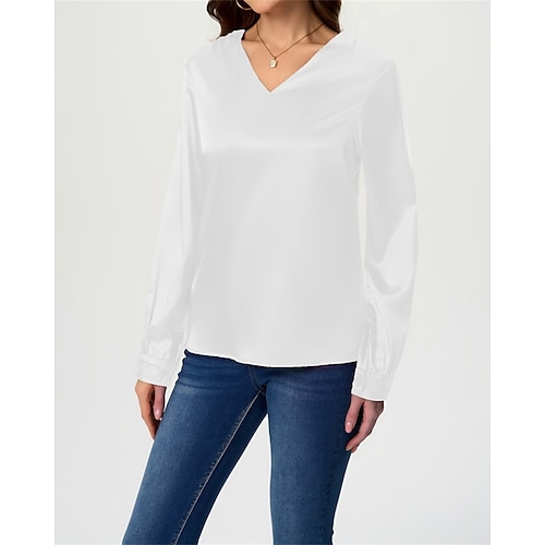 Damen Hemd Elegant Satin-Top Satinhemd Einfarbig Stilvoll Lässig Langarm V Ausschnitt Normale Oberteile Täglich Ausgehen Schwarz Weiß Wein Königsblau Grün Frühling Herbst Image