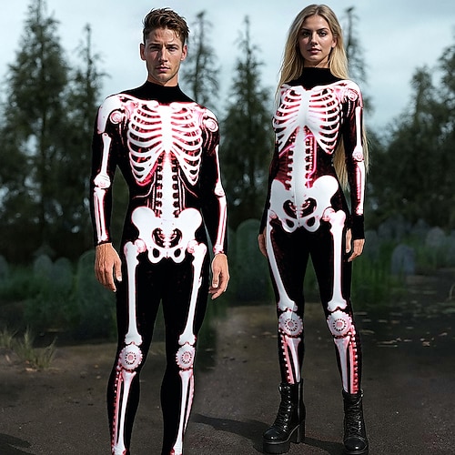 Totenkopf Karneval Bodysuits Halloween-Gruppen-Paarkostüme Ganzkörper-Catsuit Gruseliges Kostüm Kinder Erwachsene Herren Damen Jungen Halloween Karneval Leistung Party Einfaches Karnevalskostüm Image