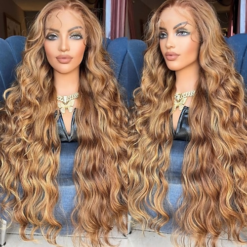 Remy Echthaar 5x5 Verschluss 13x4 Spitzenfront Perücke Freier Scheitel Brasilianisches Haar Natürlich gewellt Mehrfarbig Perücke 150% 180% Haardichte mit Babyhaaren Hervorgehobenes / Balayage-Haar Image