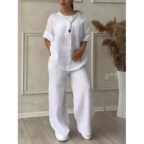 Damen Kunstbaumwollleinen Langarm Rundhalsausschnitt Einfarbig Elegant Mode Streetwear Lässig Täglich Outdoor Blau Dunkelgrau Weiß Sommer Lässiger Schnitt Image