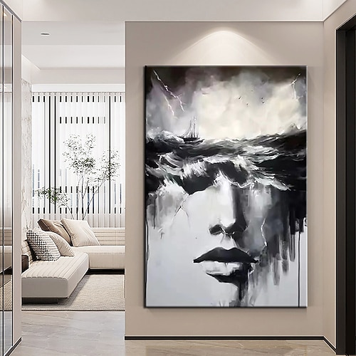 Handgefertigtes Gemälde „Frau mit Seesturm", handgemaltes Ölgemälde, Wandkunst, schwarze Kunst, Kunstwerk „Frau mit Gesicht", gesichtsloses Gemälde, Porträt, Ölgemälde, abstraktes Damengemälde, Dekor, Image