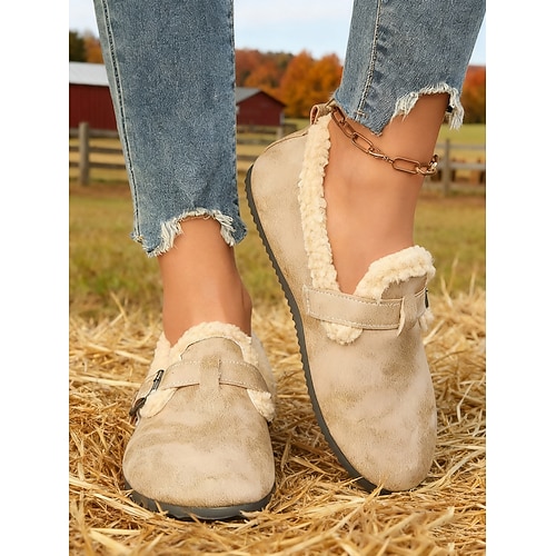 Weite Damen-Loafer mit brauner Schnalle und Fleecefutter, bequeme, warme Freizeitschuhe für den Winter zu Hause oder draußen