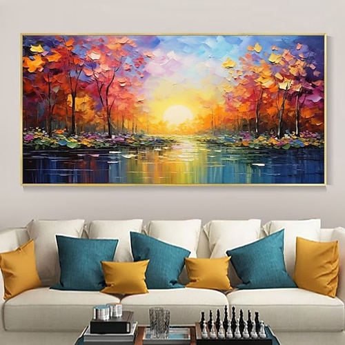 handgemachtes Ölgemälde Leinwand Wandkunst helle neue Dekoration Wald Sonnenaufgang Landschaft für Wohnkultur gerollt rahmenloses ungedehntes Gemälde Image