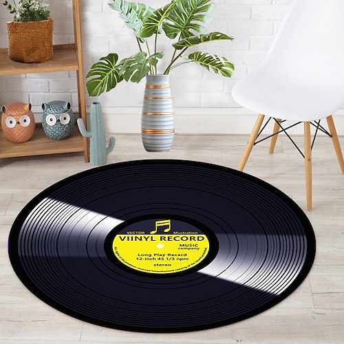 Schallplattenrunde Teppich für Wohnzimmer und Schlafzimmer retro stilvoller Musik Teppich Fußmatte weicher rutschfester maschinenwaschbarer Teppich Eingangsbereich Sofa Hocker Heimdekoration Image