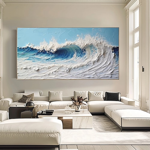 handgemaltes, minimalistisches Ozeangemälde auf Leinwand, 3D-Wandkunst mit Erdton, Meereswellen, Wandkunst, Wohnzimmergemälde, modische Raumdekoration, ohne Rahmen Image