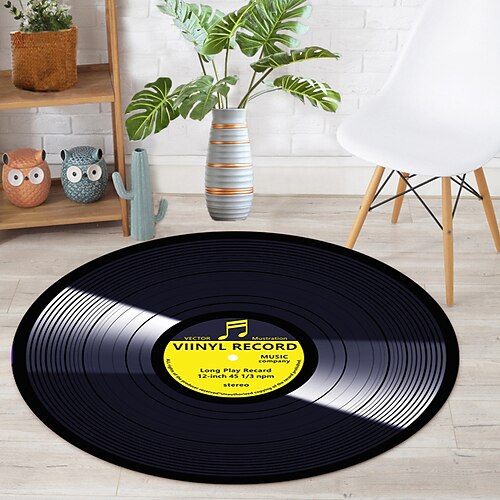 Schallplattenrunde Teppich für Wohnzimmer und Schlafzimmer retro stilvoller Musik Teppich Fußmatte weicher rutschfester maschinenwaschbarer Teppich Eingangsbereich Sofa Hocker Heimdekoration Image