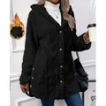 Giacca invernale da donna in peluche medio lungo tinta unita calda semplice monopetto con cappuccio giacca casual calda da donna 2025 nuovo 9272