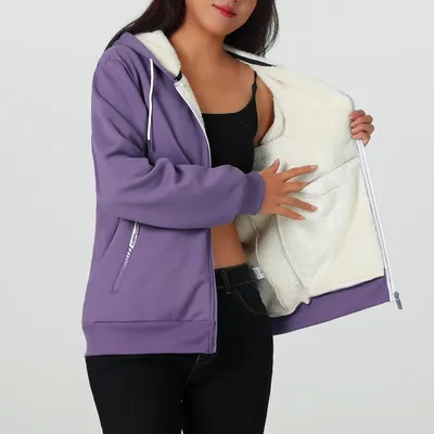 A Winter Women's Jacket, Fleece-Lined and Thickened for Warmth, Loose Casual Women's Outerwear, Polyester Fabric, Zip-Up Front, Side Zipper Pockets, Solid Color Hooded Jacket, Hidden Large Pockets