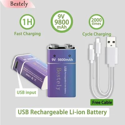 9800mAh 9V Rechargeable Battery for Smoke Alarm, Mic, Guitar Pedal, Wireless Device, High Power with USB-C Fast Charging Cable