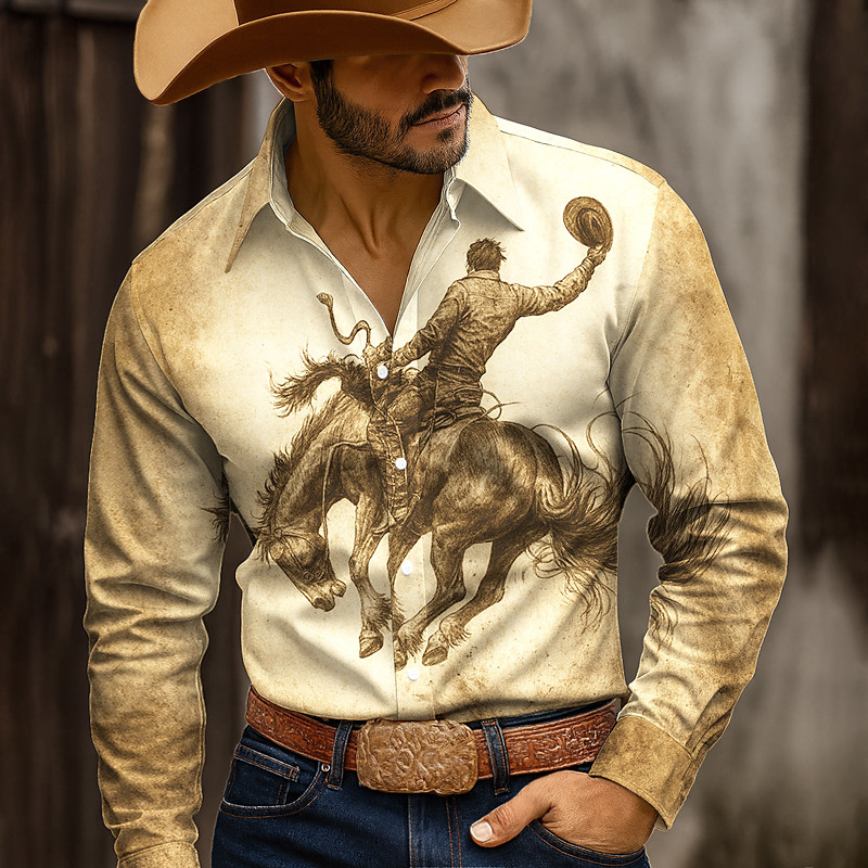 Men's Horse Racing Shirt Button Up Shirt Cowboy Shirt Long Sleeve Western Style Outdoor Camping Hiking Hunting Spring Fall Turndown 3D Print Collared Shirts White Khaki