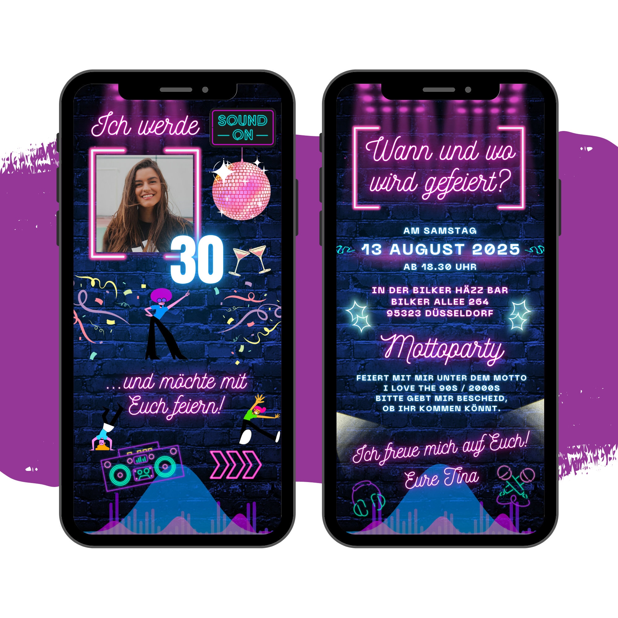eCARD Neon Party Invito di compleanno | Biglietto d'invito digitale moderno per festa su WhatsApp | Biglietto d'invito per cellulare con biglietto di