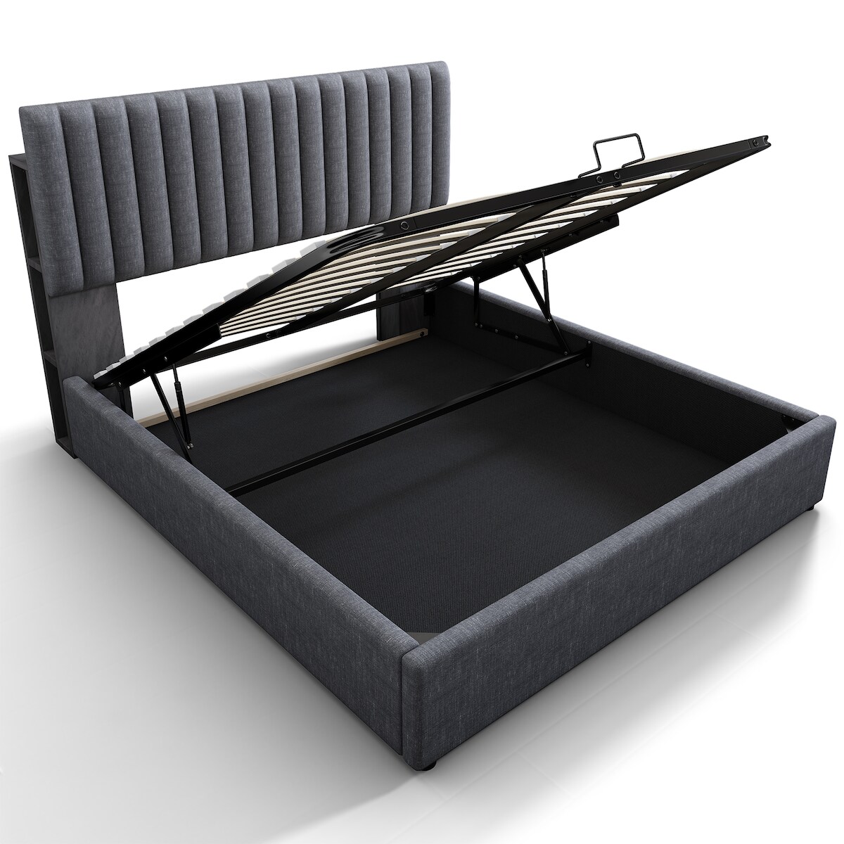 OKWISH Polsterbett 160 × 200 cm Grau mit LED App-Control, USB-Ladefunktion, Stauraum Kopfteil, Leinen- und Metallgestell, modernes Schlafzimmerbett Image