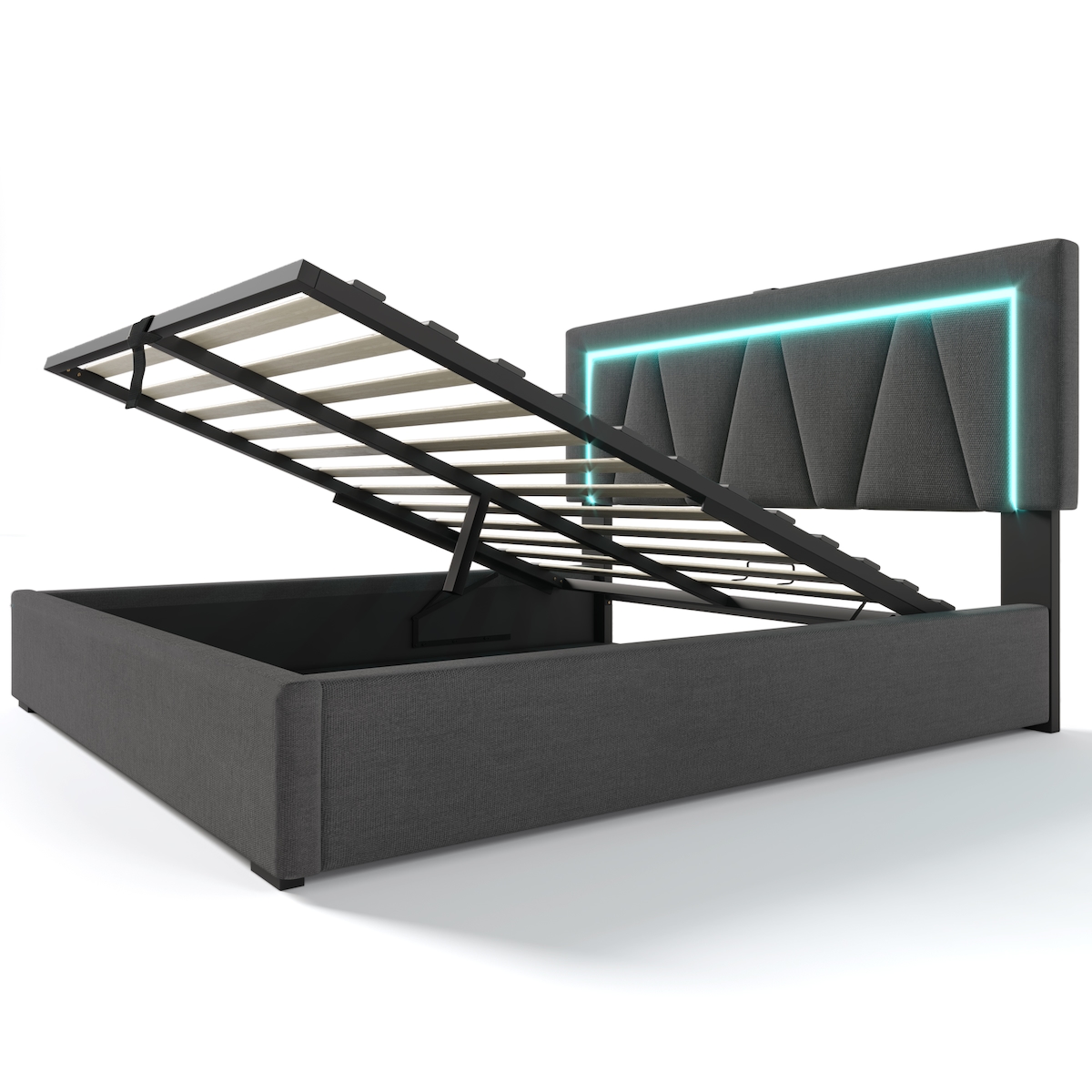 OKWISH Polsterbett 140 × 200 cm Grau Leinen mit USB-Ladefunktion, LED-Beleuchtung und Stauraum, komfortables modernes Schlafzimmerbett Image