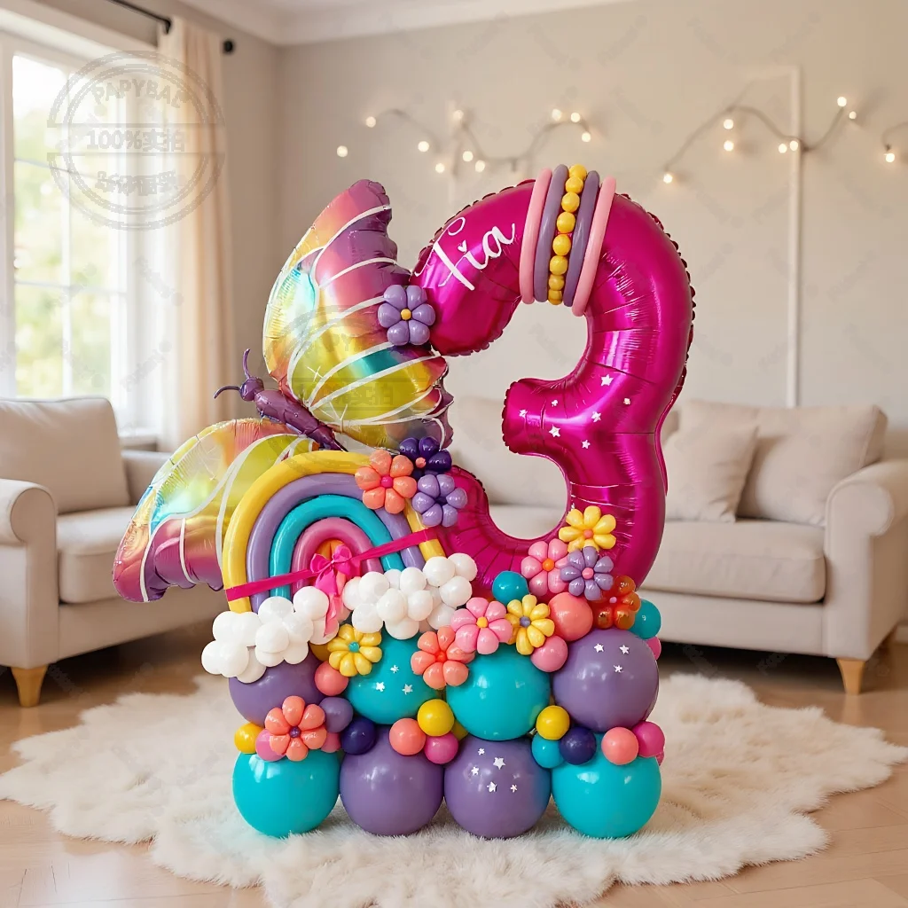 97 stücke Bunte Schmetterling Ballon Rose Rot Anzahl Geburtstag Ballon Set Cartoon Tier Thema Party Dekoration Geburtstag Lieferungen Image