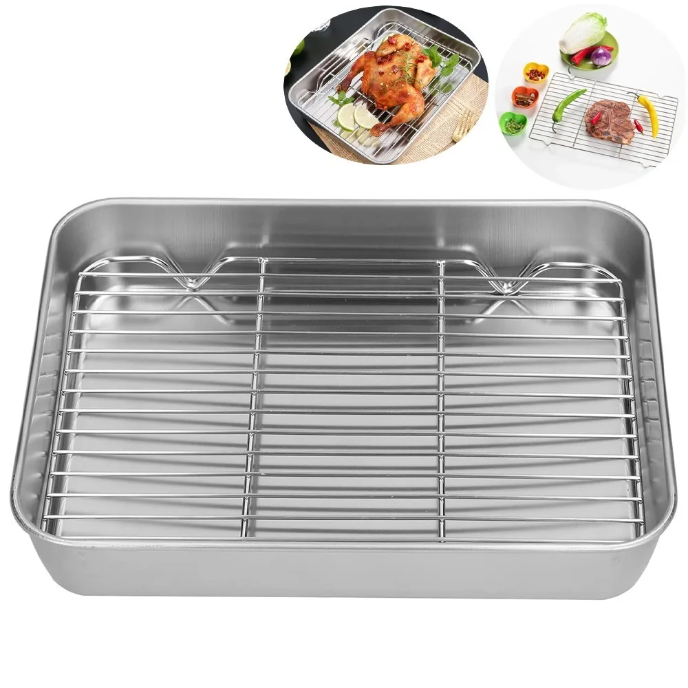 Backblech-Set aus Edelstahl mit Grill, rechteckiges Kühlregal aus Edelstahl 304, Grillwerkzeuge, BBQ, sicherer kleiner Grill Image