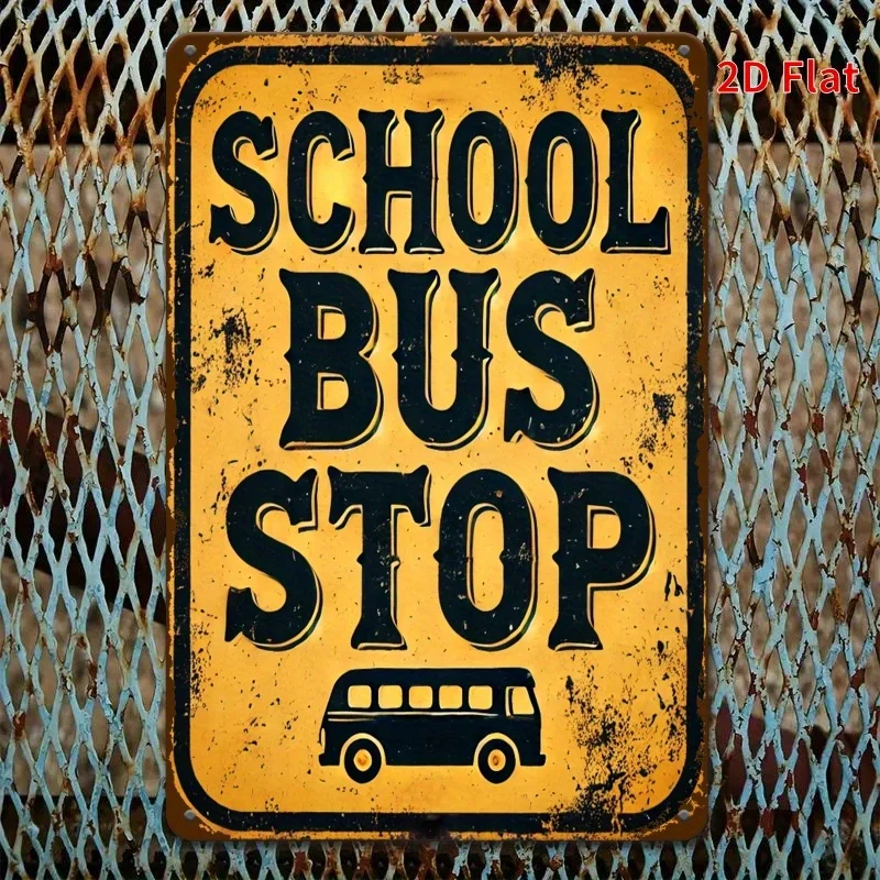 Stoppschild für Schulbus – Rustikales Eisenmetallschild mit gelbem Hintergrund im Used-Look und kräftigem Schriftzug – langlebiges Außendekor Image