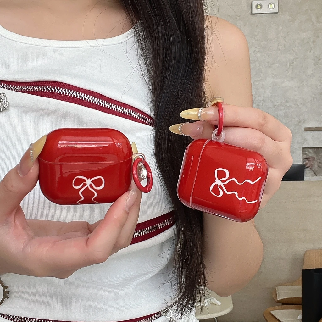 Romantische einfache Kopfhörerhülle mit rotem Schleifenhaken für AirPods 1 oder 2 3 4 Pro 2 Image