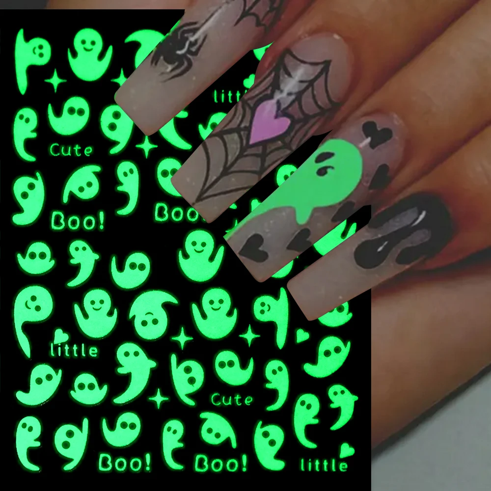 6 Teile/satz Halloween Leuchtende Nail art Aufkleber Geist/Spinne/Web/Schädel/Fledermaus/Schmetterling Glow-In-Drak Slider Maniküre Klebe Aufkleber Image