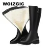 WOIZGIC Frauen Mutter Damen Weibliche Echtes Leder Schnee Mitte Wade Stiefel Schuhe Winter Warme Wolle Plüsch Fell Zipper Plus Größe 41 42