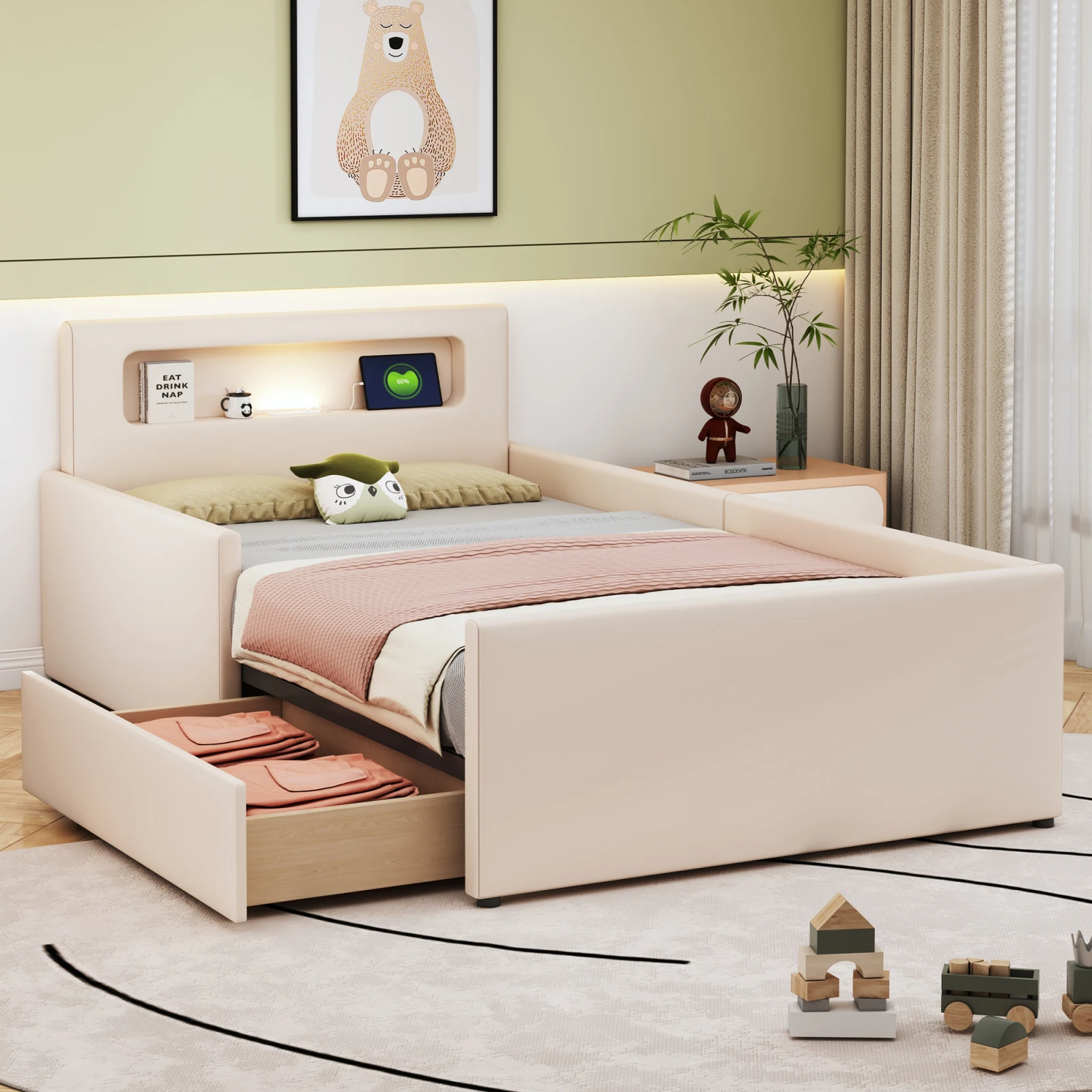 Rosahqnda Polsterbett Kinderbett 90x200 cm mit Stauraumschublade, Absturzsicherung, Einzelbett für Jungen und Mädchen, PU