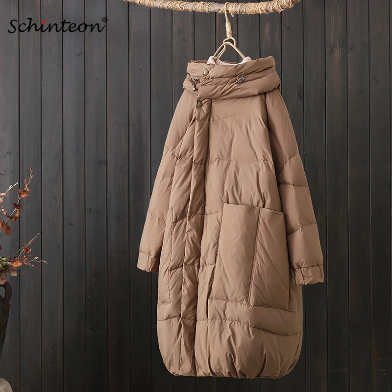 Schinteon Frauen Weiße Ente Unten Lange Jacke mit Kapuze Lose Über Größe Casual Mantel Herbst Winter Dicke Warme Outwear Koreanische stil
