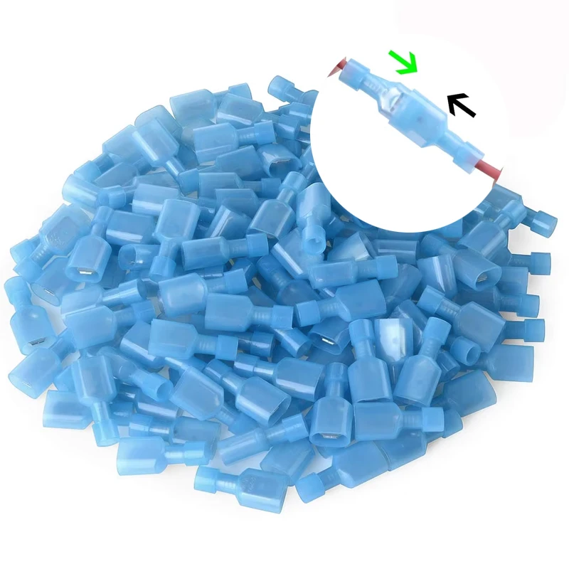 100 Stück 16–14 AWG Nylon-Flachstecker/Stecker, Schnelltrenn-Drahtklemmen, isolierte Draht-Crimp-Steckverbinder, blau Image