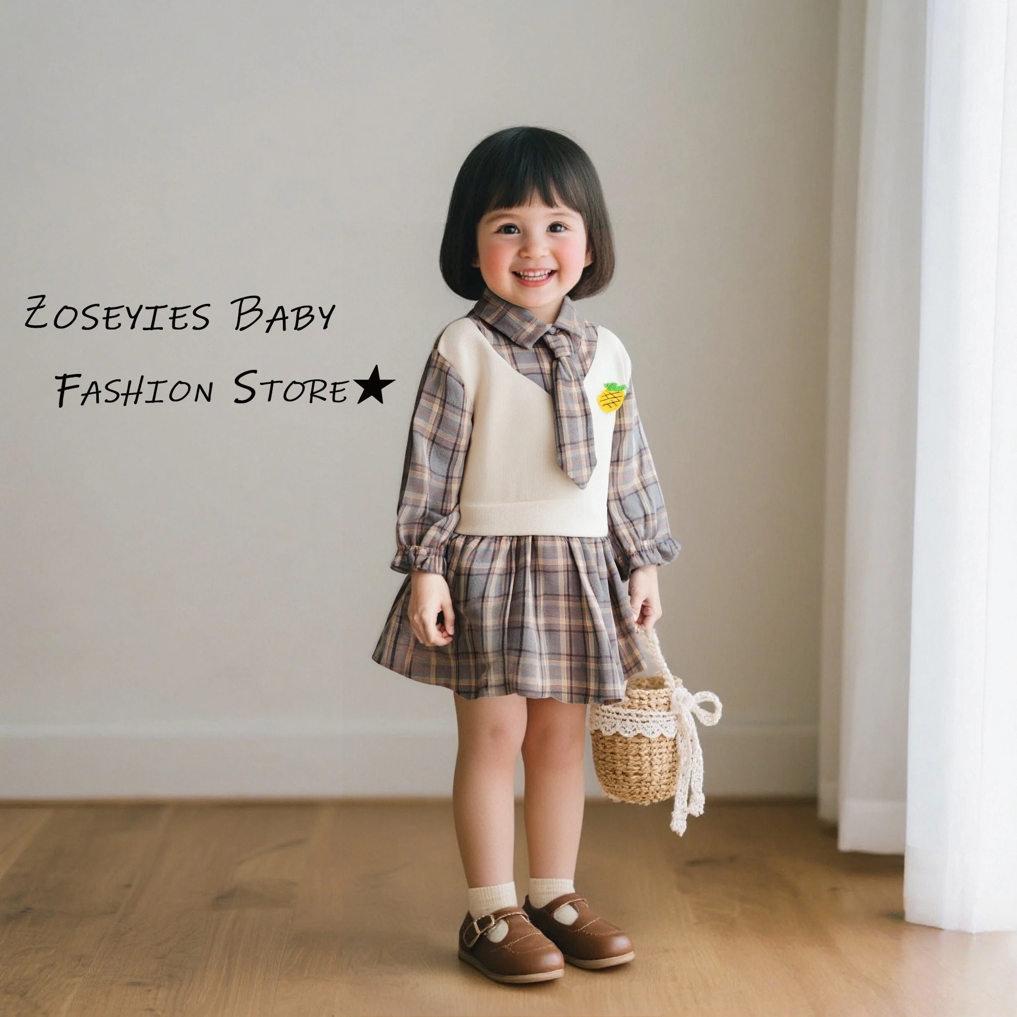 Mädchen Kleid Sommer Kariert Cartoon Baumwolle Langarm Baby Mädchen Kleid Niedlich Lässig Mädchen Kleid Baby Mädchen Kleidung Image