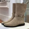 Hohe Qualität Kuh Wildleder Kurze Stiefel Frau Gürtel Schnalle Ritter Stiefel Weibliche Runde Kappe Casual Flache Western Stiefel Runway Schuhe Frauen