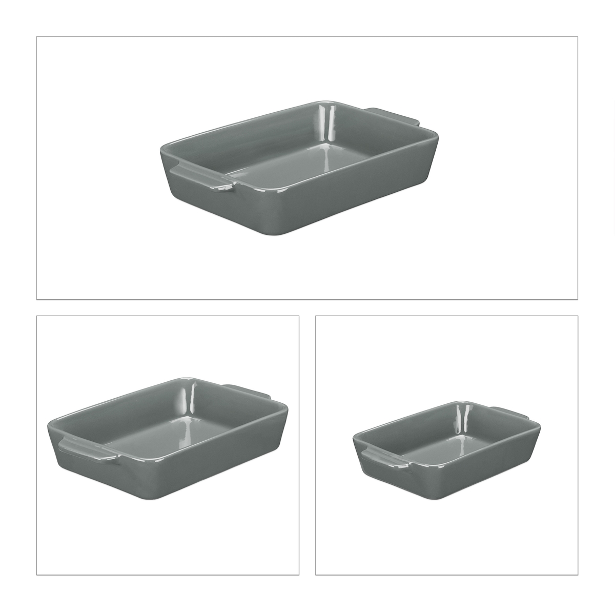 Relaxdays Auflaufform Set, Keramik, 3 Größen, eckig, Ofenform für Lasagne, Gratin, Tiramisu, spülmaschinenfest, grau Image